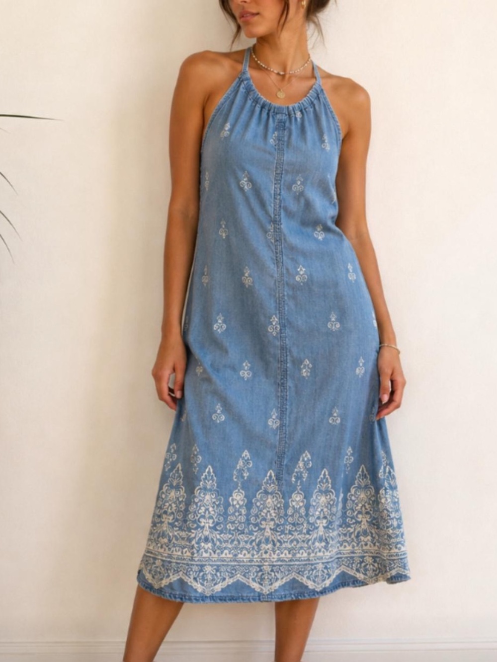 Y2K Blue Chambray Midi Dress White Paisley Embroidered Boho Folk Dress